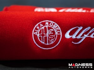 Seat Belt Shoulder Pads - set of 2 - Red w/ White Alfa Romeo Logo + Red Binding